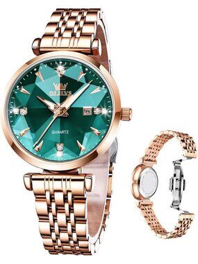 Women's Green Diamond Rose Gold Stainless Steel Waterproof Quartz Luxury Watch